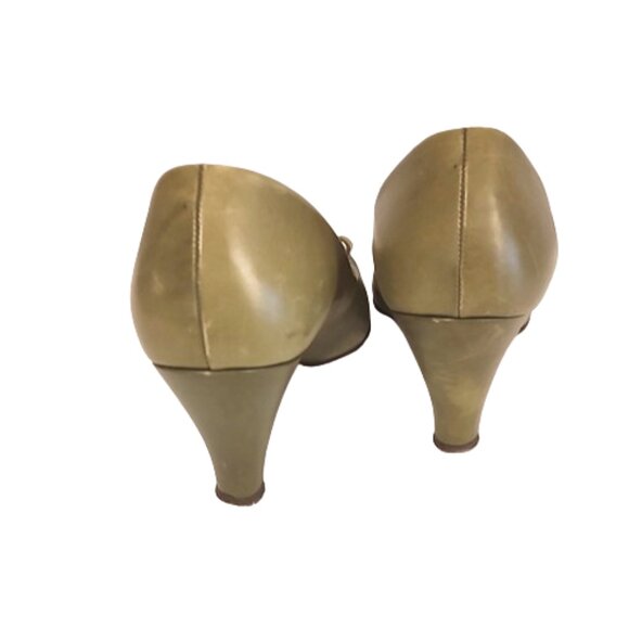 1950s Vintage Light Olive Green Leather Shoes Rounded Toe High Heels Size 7 - Picture 6 of 8